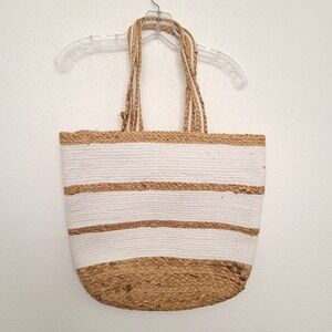 Chloe & Lex Cotton Jute White Striped Beach Tote‎ Large Coastal Grandma Minimal